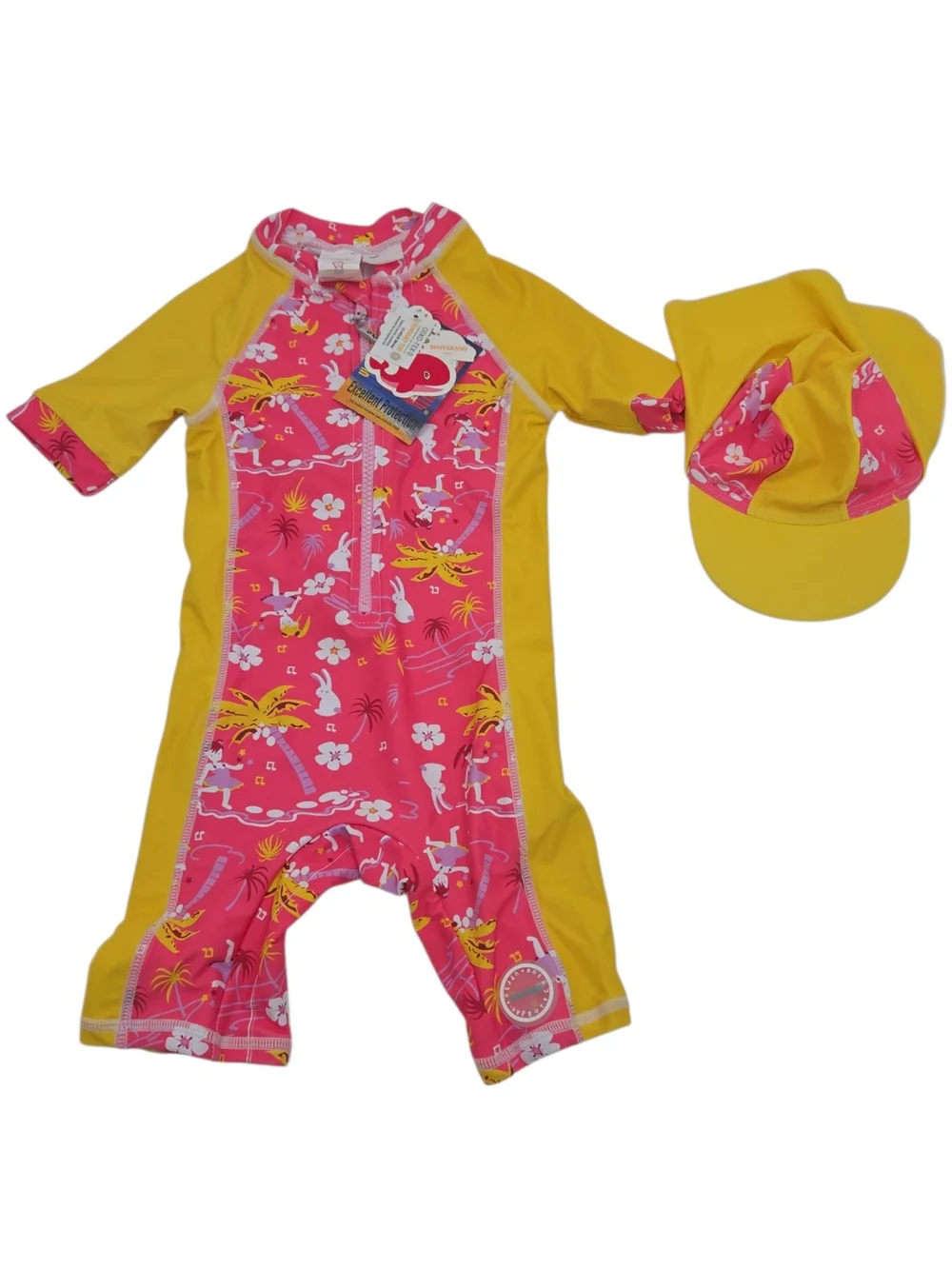 Girls Pink & Yellow Floral Rashguard Swimsuit with Sun Hat